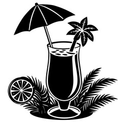 Silhouettes of a Pink Cocktail Glass and Green Coconut Drink – Tropical Beverage Icons, Summer Party Drinks, Minimal Bar Illustration, Exotic Refreshments, Vector Clipart for Design Use
