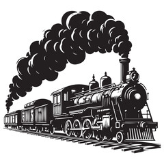 Antique silhouette steam train locomotive with vintage railroad illustration