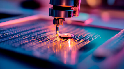 A close-up of a high-precision laser engraving machine working on a small metallic disc, with colorful lighting enhancing the details of the engraving process.
