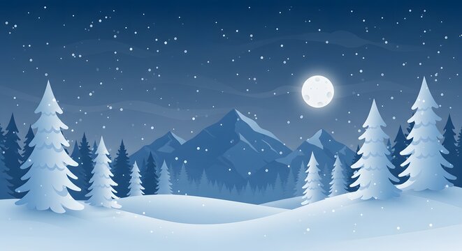 Starry Night Winter Vector Landscape with Snow and Moon