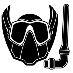 Silhouette of Blue Snorkeling Gear on White Background – Diving Mask and Snorkel Icon, Underwater Equipment, Minimalist Ocean Adventure Symbol, Swim Gear, Water Sport Illustration, Isolated Object
