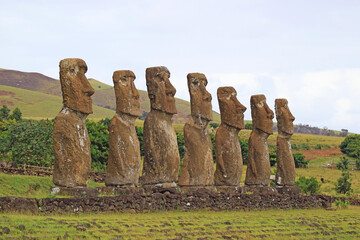 Ahu Akivi Ceremonial Platform which Group of Moai Statues Looking Out Towards Pacific Ocean, Easter Island, Chile, South America