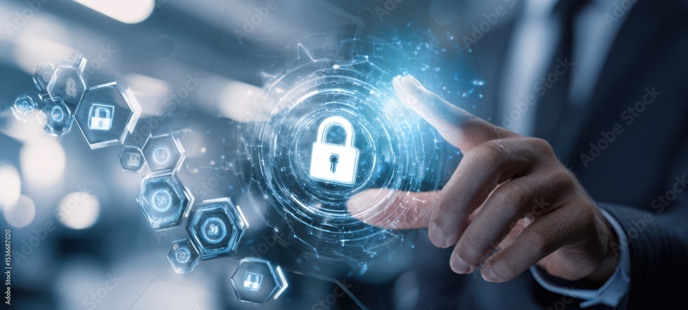Poster the hand interacting with a virtual lock representing digital security concepts.