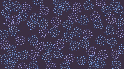 Seamless floral pattern with small abstract flowers in blue and purple on dark background. Ideal for fabric, wallpaper, wrapping paper, textile prints, digital backgrounds, and surface design.