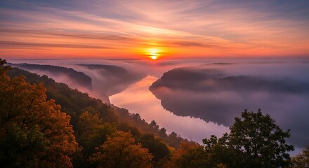 Obraz premium Sunrise Over River Bend Misty Morning Landscape Golden Light Tranquil Beauty Nature Photography Scenic View Serene Dawn