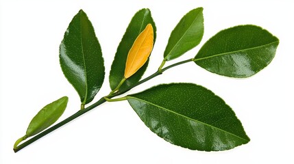 Naklejka premium Kaffir Lime Sprig Close-up Photography of Green and Yellow Leaves, Isolated on White, Botanical Illustration, Plant Composition, Citrus hystrix Kaffir lime, botany