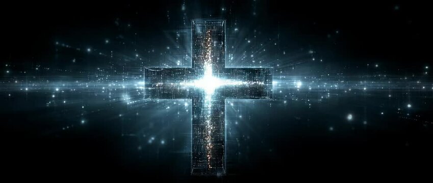 Digital Christian cross, God, Jesus Christ, technology, backdrop, and religion example of a contemporary computer, internet, and religion that shines brightly and is accessible through data science Bi