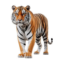Naklejka premium Highly detailed Bengal tiger standing with intense gaze, realistic fur texture, and natural posture isolated transparent background