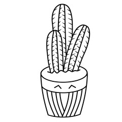 Cute cactus black and white outline illustration. Hand-drawn cartoon succulent in pot with zigzag...