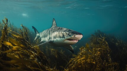Fototapeta premium Blue ocean environment with predator shark moving through seaweed chasing prey