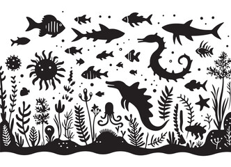 Sea life silhouette illustration vector collection of marine creatures