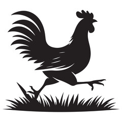 Silhouette of running rooster with grass fowl farm illustration