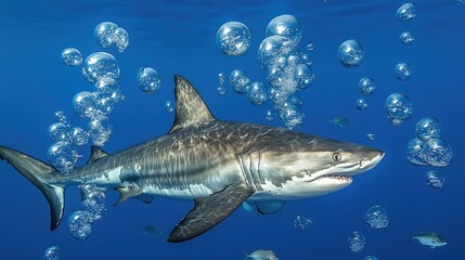 Fototapeta premium Bubbles trail from fast-moving shark in pursuit of shimmering prey fish