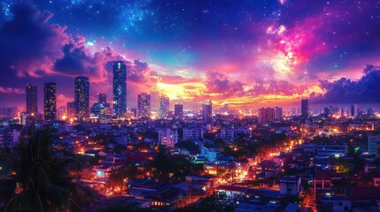 Fototapeta premium Vibrant city skyline at twilight, night cityscape, vivid colors