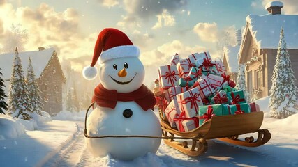Snowman wearing a Santa hat pulling a sled full of wrapped Christmas gifts in a festive village - Powered by Adobe