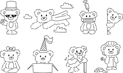Cute cartoon bear outline set. Animal character for children, vector illustration.