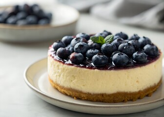 blueberry cheesecake on a plate, blueberry desert, desert photography, illustration, food close up
