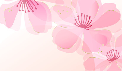 Soft and elegant floral background with pink cherry blossoms (sakura) arranged around the edges. The flowers have a watercolor-like effect with soft gradients. Vector illustration.