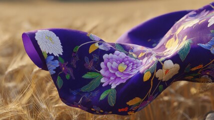 Vibrant deep-purple silk fabric with intricate floral pattern in white, pink, yellow, and green, gently fluttering against golden wheat field in serene rural setting.