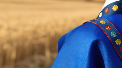 Vibrant blue garment with shiny texture, detailed shoulder focus, colorful floral embroidery in yellow, red, white, and green, thin red line border, soft warm-toned outdoor backdrop.