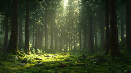 Fototapeta premium Sunlit Forest Path Magical Green Mossy Ground Tall Trees Sunlight Beams