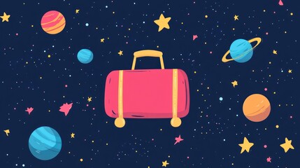 Pink suitcase floats among stars and planets in space