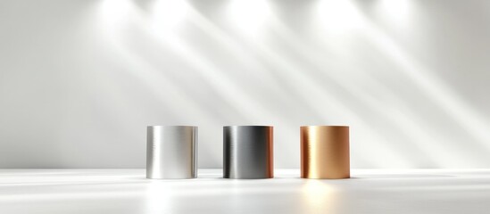 Three metallic cylinder pedestals in a modern display setting