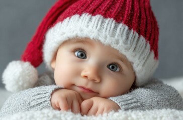 Cute baby wearing a Santa hat, lying on a white blanket