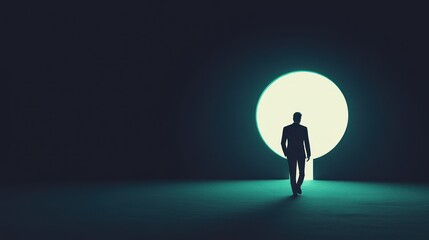 Silhouette figure walking towards glowing portal