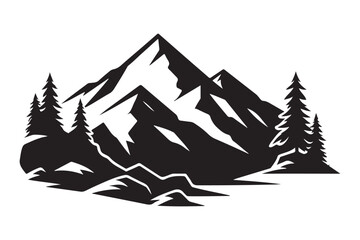 Majestic Mountain Silhouette Illustration with Evergreen Trees for Outdoor Adventure
