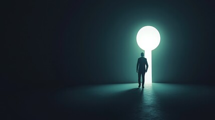 Silhouette figure walks toward a bright keyhole