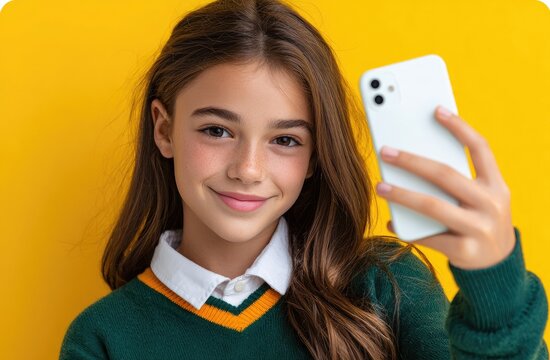 A young girl in an apron takes a selfie with her smartphone against a yellow background. A smiling schoolgirl is taking a photo of herself