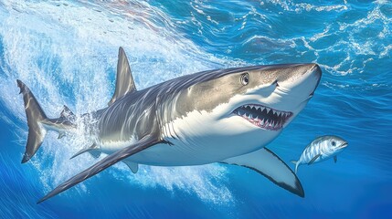 Fototapeta premium Fierce shark making a sharp turn in pursuit of a fish, sending bubbles and turbulence through the sea