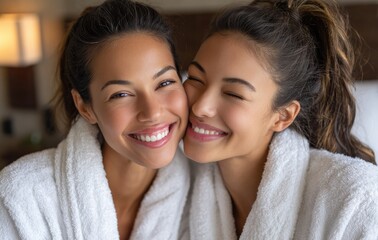 a happy mother and daughter in bathrobes at home, the girl kissing her mom on the cheek, a spa day with the family, wearing pink robes, against a white background