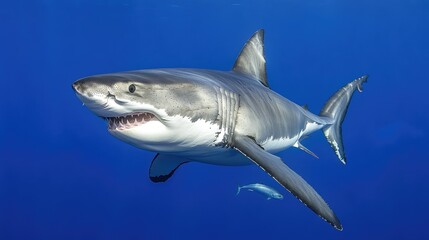 Obraz premium Great white shark diving with speed through ocean currents as prey swims below