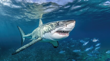 Fototapeta premium Great white shark emerging from the deep, jaws wide, approaching a school of fish in clear ocean waters