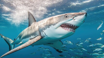 Fototapeta premium Great white shark emerging from the deep, jaws wide, approaching a school of fish in clear ocean waters