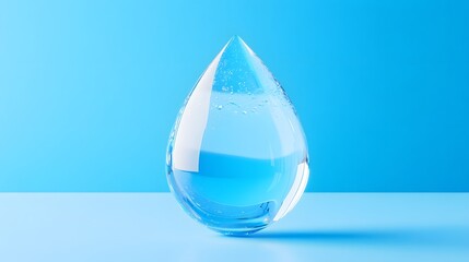Crystal Clear Water Drop on Blue Background Refreshing Hydration Concept