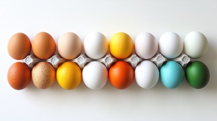 Naklejka premium Horizontal alignment of color-broken eggs resembling a spectrum on white