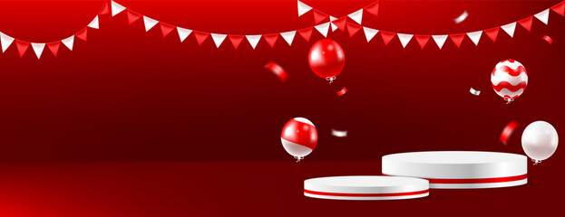 red and white 3d podium, balloons, confetti and fabric with space for text, great for special indonesian independence day promotion, poland independence day or canada independence day.