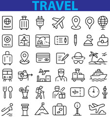 Set of Travel Line Icons Set, Minimal Vector Icons of Vacation, Adventure, and Tourism Essentials