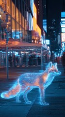 Glowing fox in urban night scene.