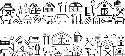 Comprehensive Farming Icons Including Animals, Buildings, and Tools