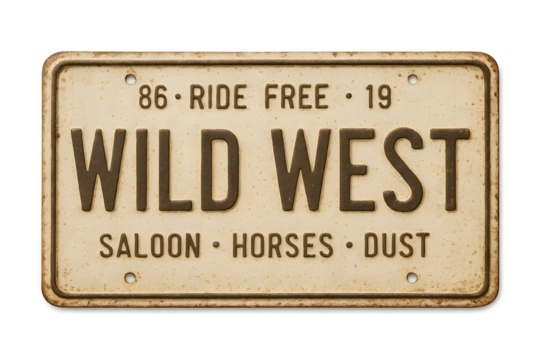 Authentic Wild West Saloon License Plate Design featuring Horses and Dust evokes a nostalgic feeling of freedom and adventure.