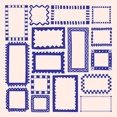 Cute hand-drawn vector frames and stamps in doodle, scribble, and block print style. Grungy geometric shapes with retro beach vibes. Perfect for postcards, posters, prints, and decoration.