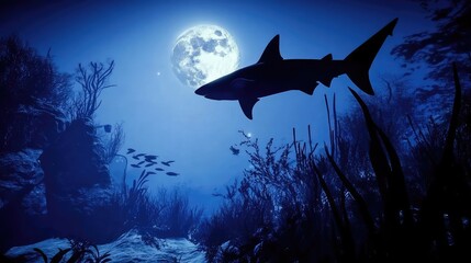 Fototapeta premium Night scene of shark hunt, silhouettes visible in moonlit underwater ocean scene