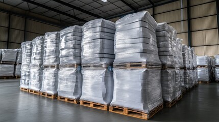 Pallets of finished goods wrapped and stacked in an industrial warehouse