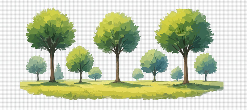 Watercolor Group of Tree hand-painted trees and shrubs in various shades of green and yellow