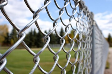Close up of metal chain link fence protecting green field