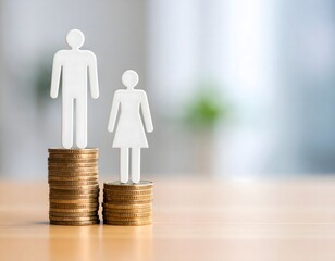 Gender Pay Gap Concept with Paper Cut Figures Standing on Stacks of Coins